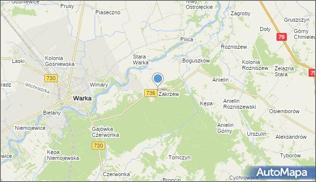 mapa Zakrzew, Zakrzew gmina Grabów nad Pilicą na mapie Targeo